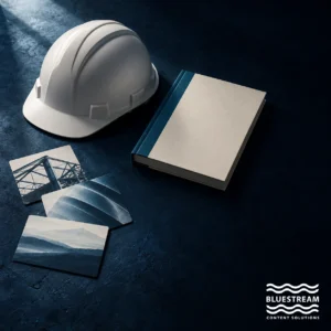 A safety helmet beside a service manual and reference cards in a manufacturing-themed still life.