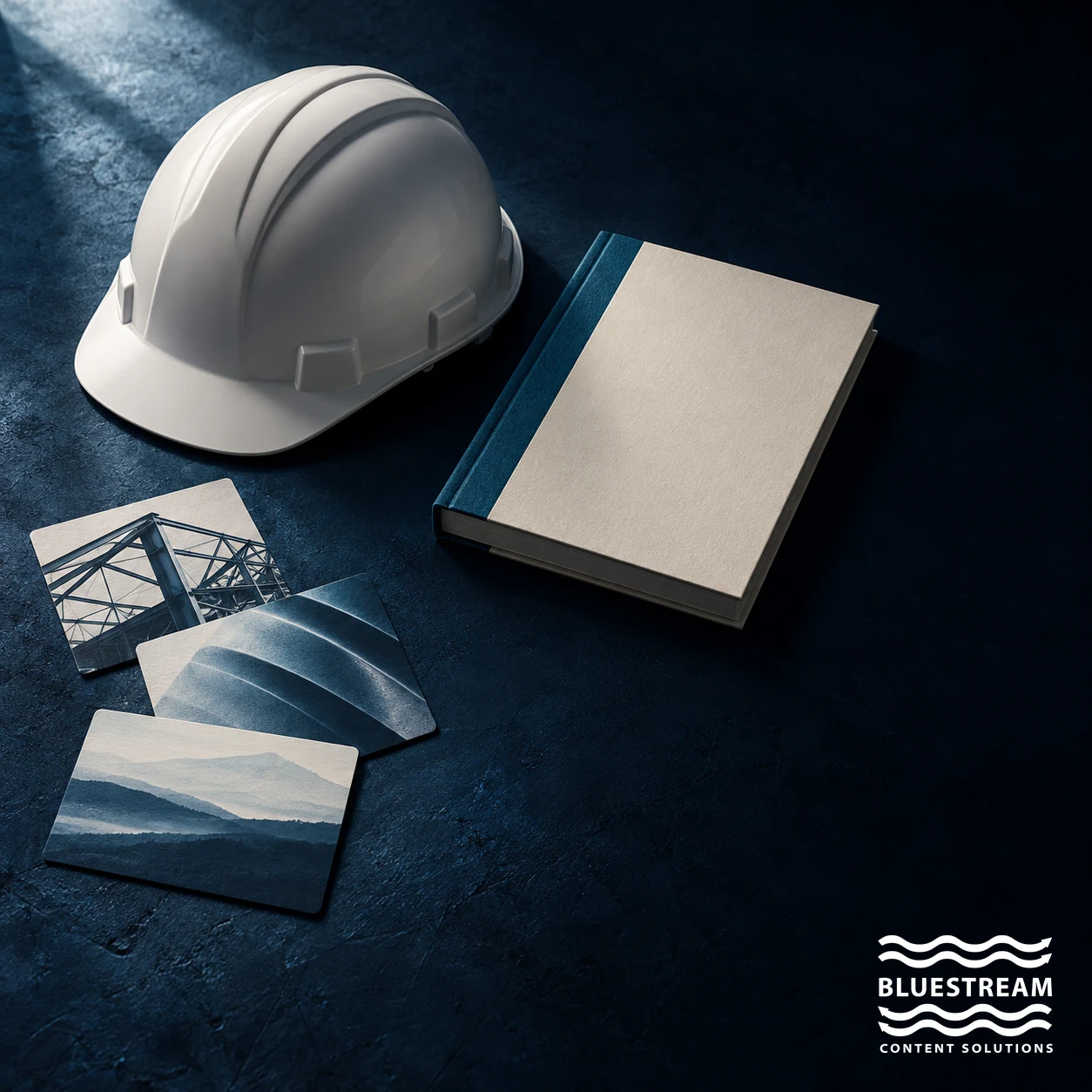 A safety helmet beside a service manual and reference cards in a manufacturing-themed still life.
