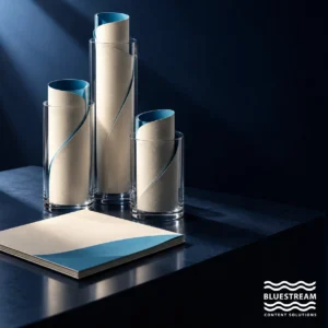Three glass holders bring separate document rolls together beside one publication.