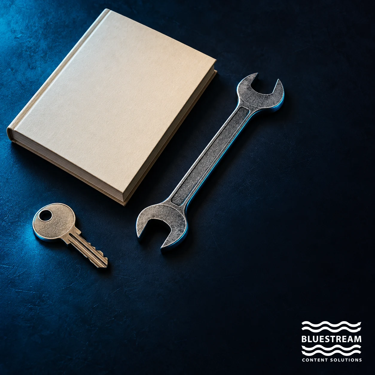 A service manual, spanner and key illustrate repair information, tools and access.