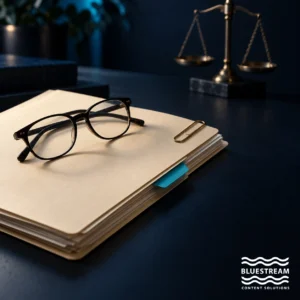 Reading glasses and a document folder beside a symbolic balance scale.
