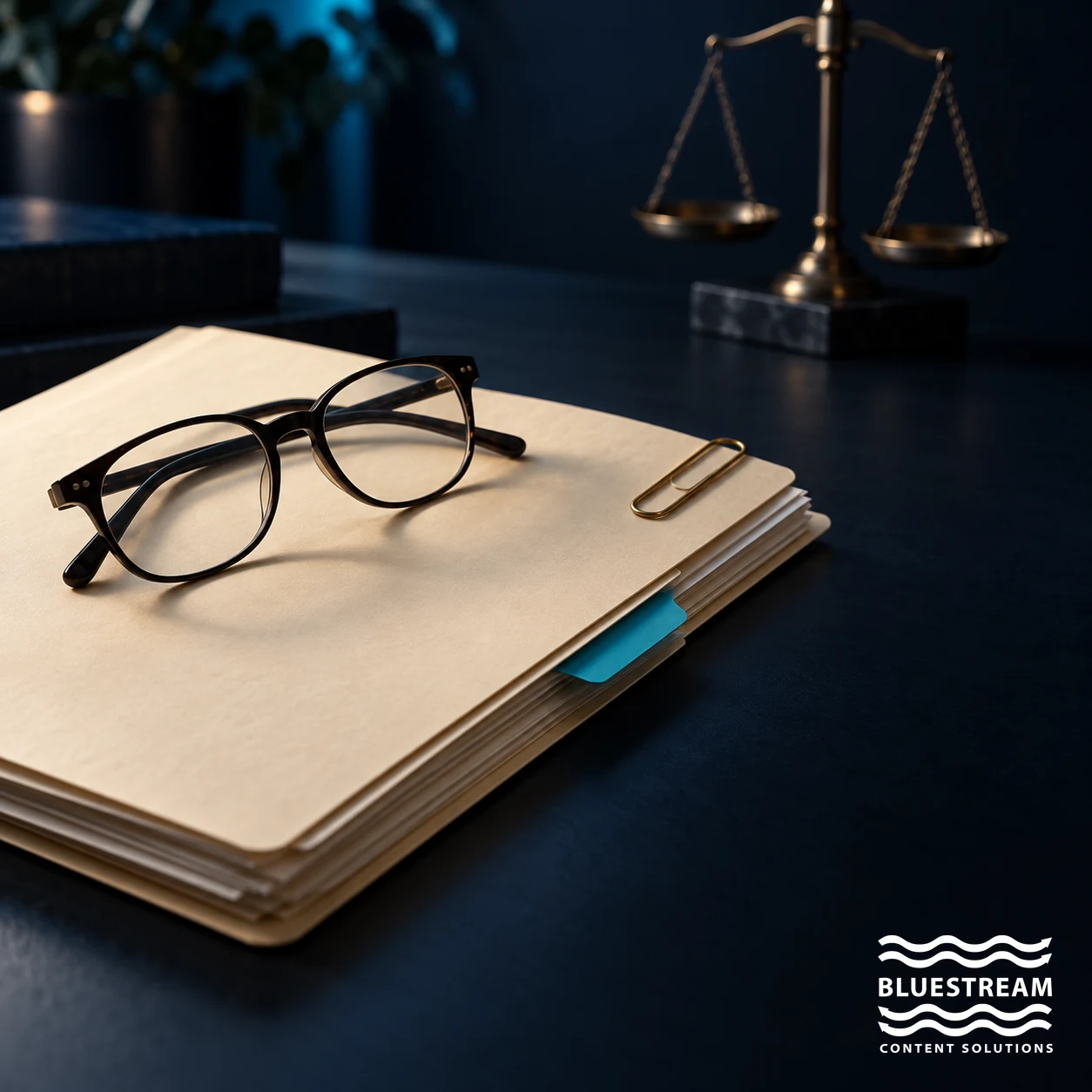 Reading glasses and a document folder beside a symbolic balance scale.