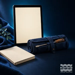 A tablet, service booklet and tool pouch illustrate self-service access to repair information.