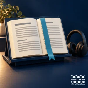 A large-print conceptual manual on a reading stand beside headphones, illustrating multiple ways to access documentation.
