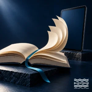 Pages curl from an open manual toward a tablet, illustrating digital documentation delivery.