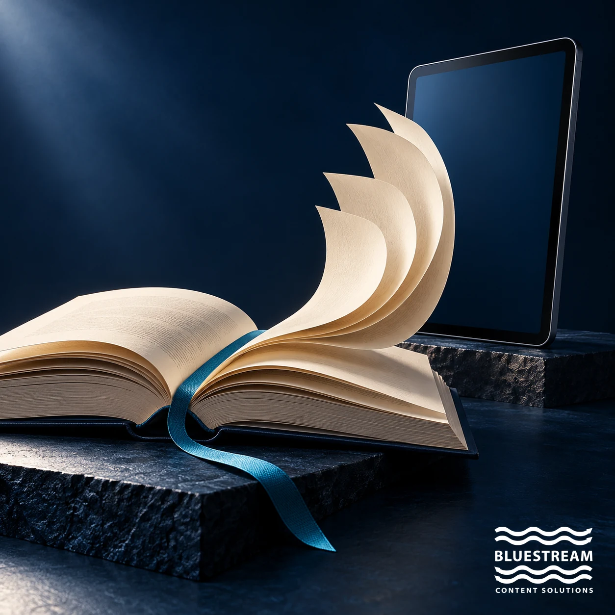 Pages curl from an open manual toward a tablet, illustrating digital documentation delivery.