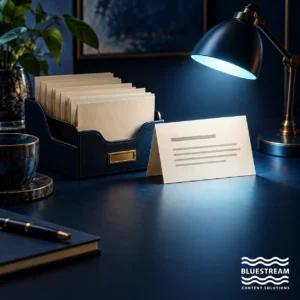 A focused desk lamp illuminates one answer card beside an organized reference collection.