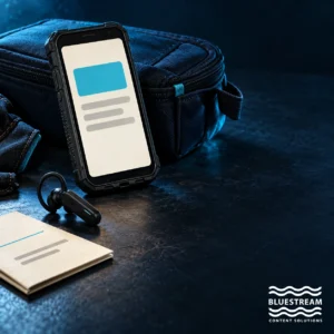 A rugged phone displays a conceptual answer page beside a service pouch and earpiece.
