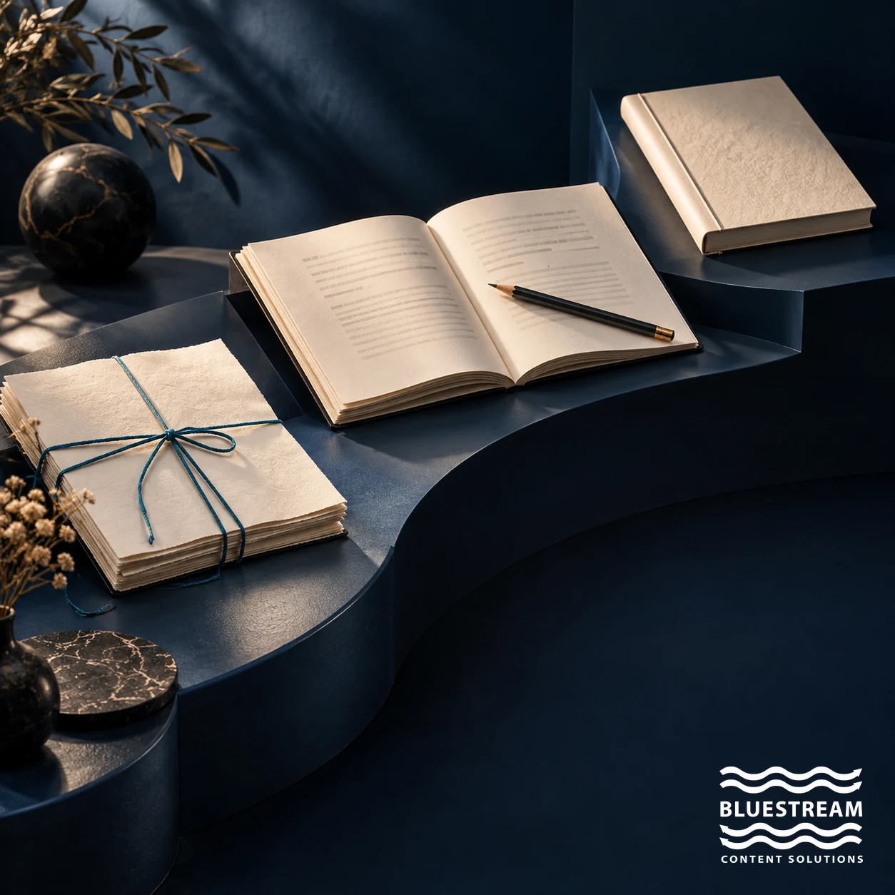 Three document stages on a curved shelf include an open manual with a review pencil.