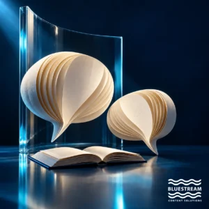 Sculptural paper conversation shapes above an open reference book illustrate knowledge-supported conversations.