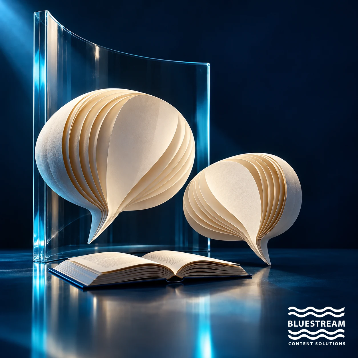 Sculptural paper conversation shapes above an open reference book illustrate knowledge-supported conversations.