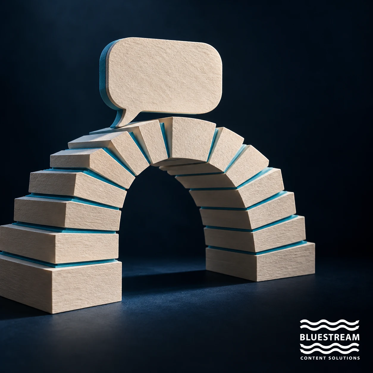 A paper conversation shape rests on an arch of modular content blocks.