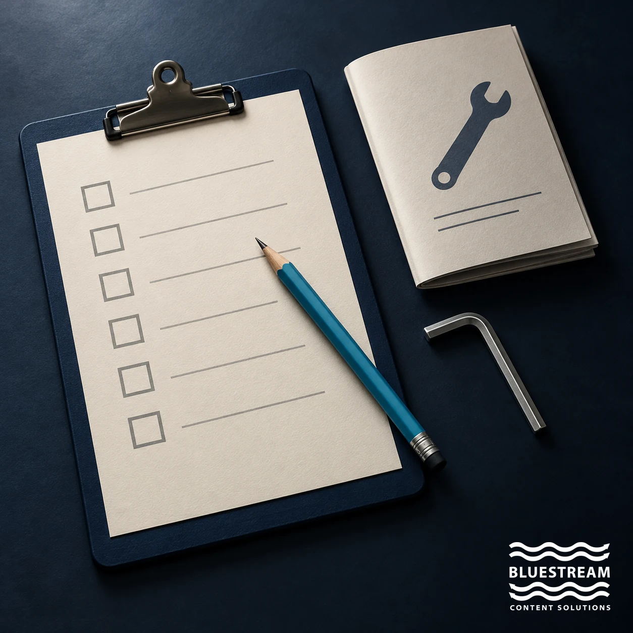 A repair-readiness checklist beside a service booklet, pencil and hex key.