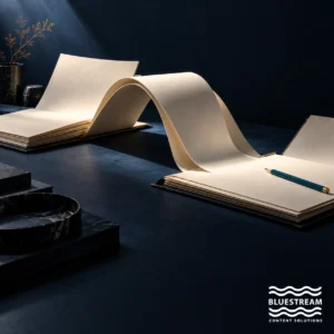 A sculptural paper bridge joins two documents with a pencil marking human review.