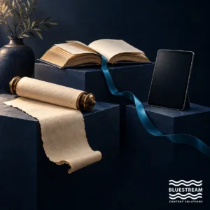 A scroll, open book and tablet illustrate the evolution of documentation formats.