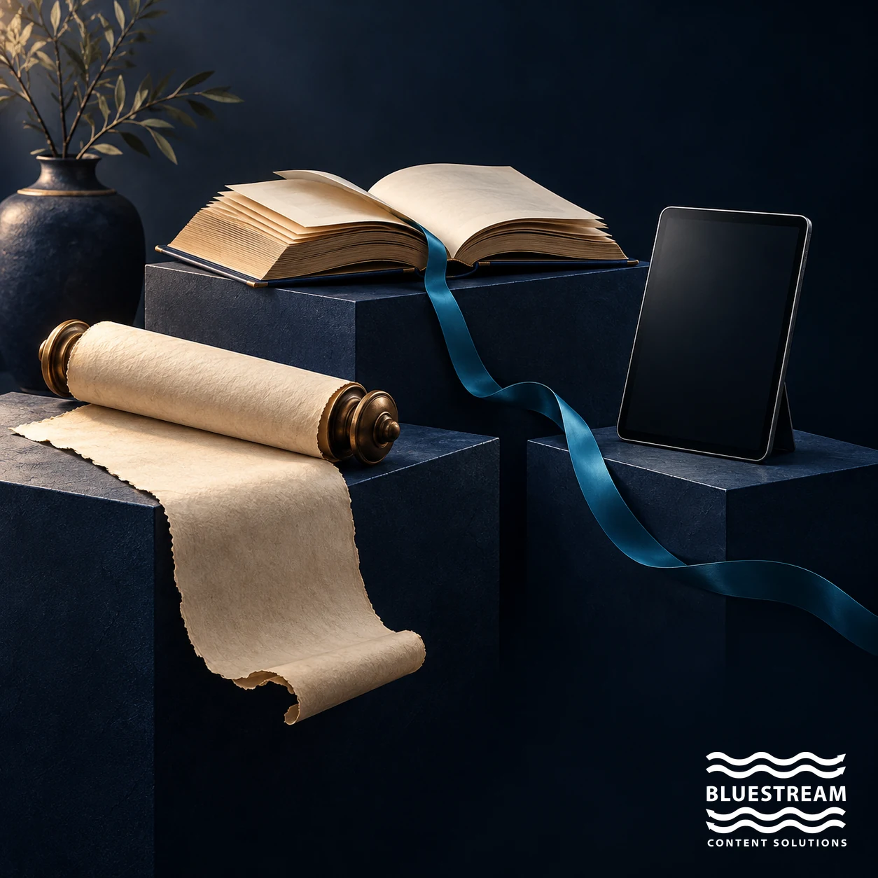 A scroll, open book and tablet illustrate the evolution of documentation formats.