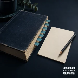 A worn reference manual with cyan tabs beside an evaluation card and pencil.