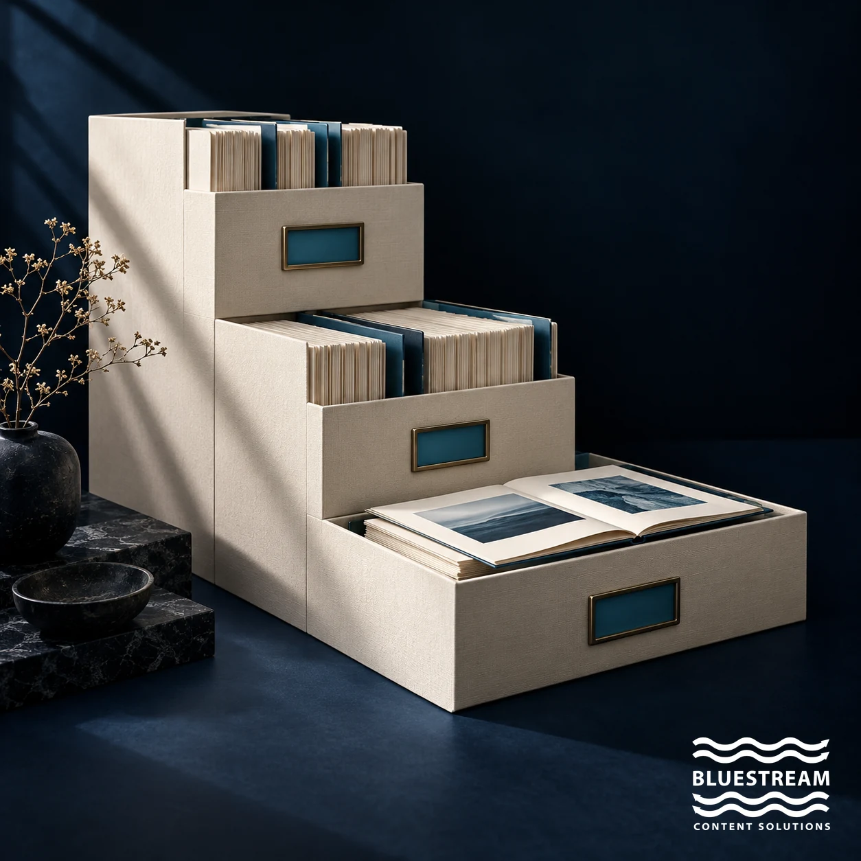 Modular archive boxes organize reusable documents at different levels.