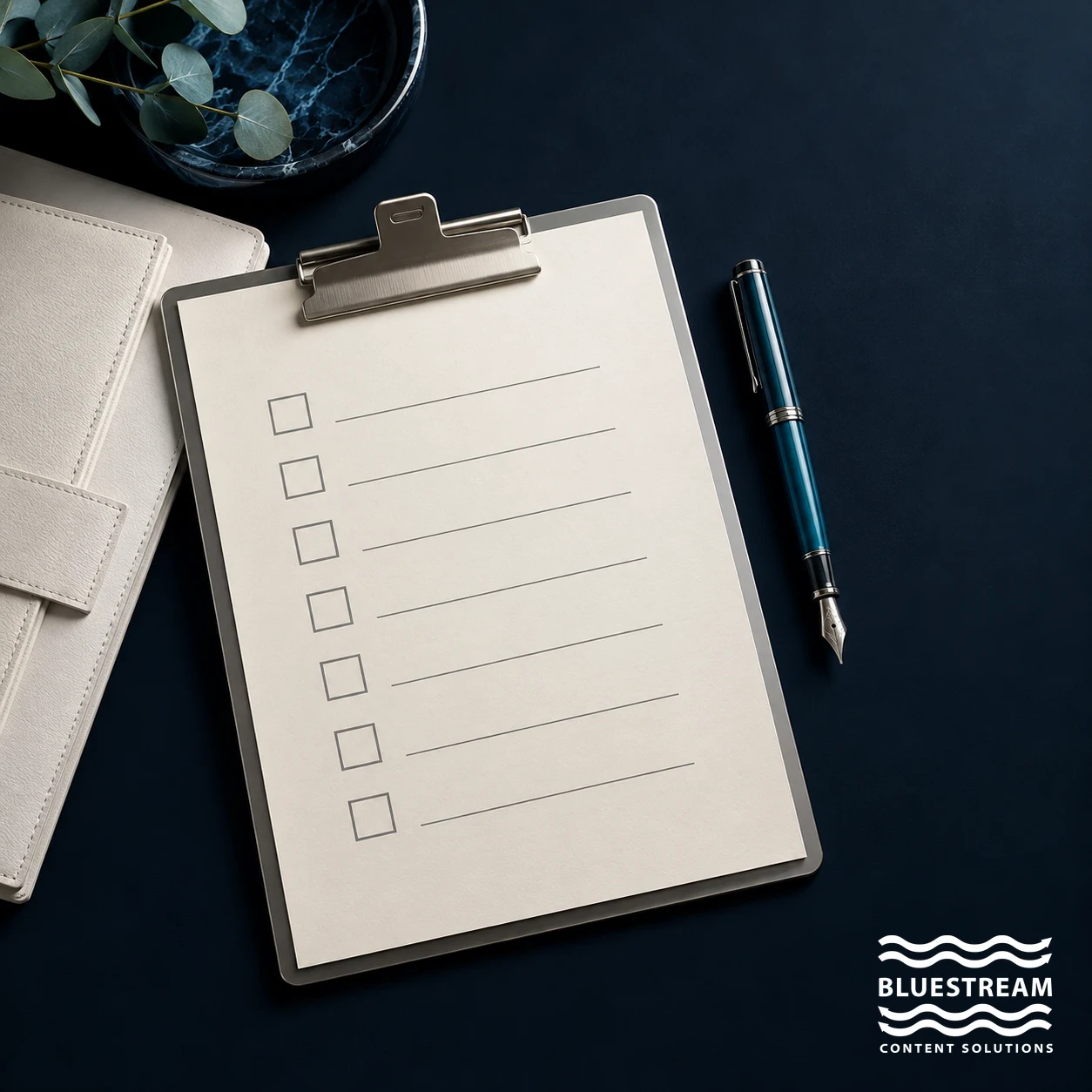 A clean CCMS evaluation checklist with a cyan pen and document portfolio.