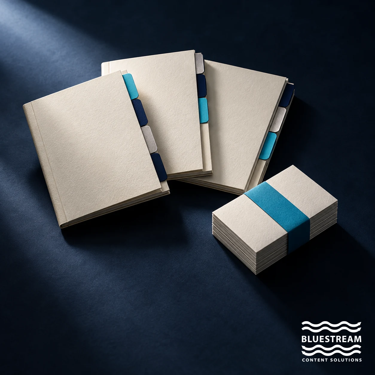 Three tabbed manuals share a common stack of reusable content cards.