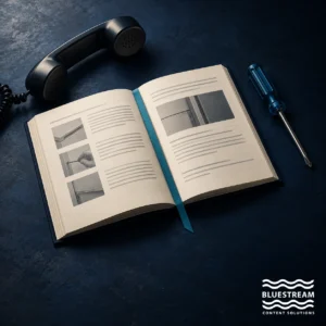A troubleshooting manual beside a telephone handset and screwdriver.