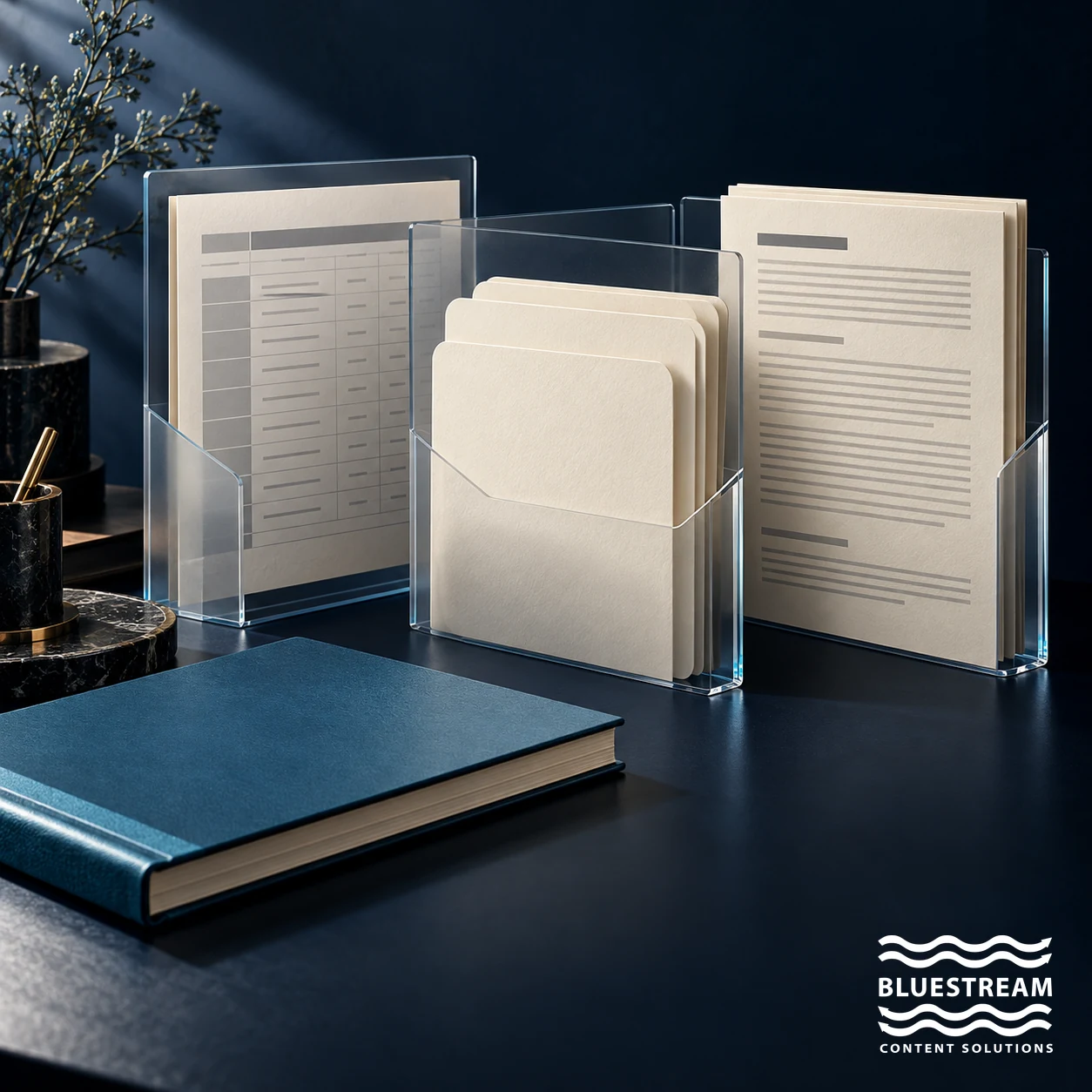 Three overlapping transparent sleeves hold structured records and documentation.