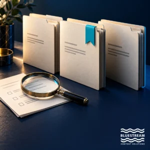 Three document folders and a magnifying glass illustrate evaluating CCMS software options.
