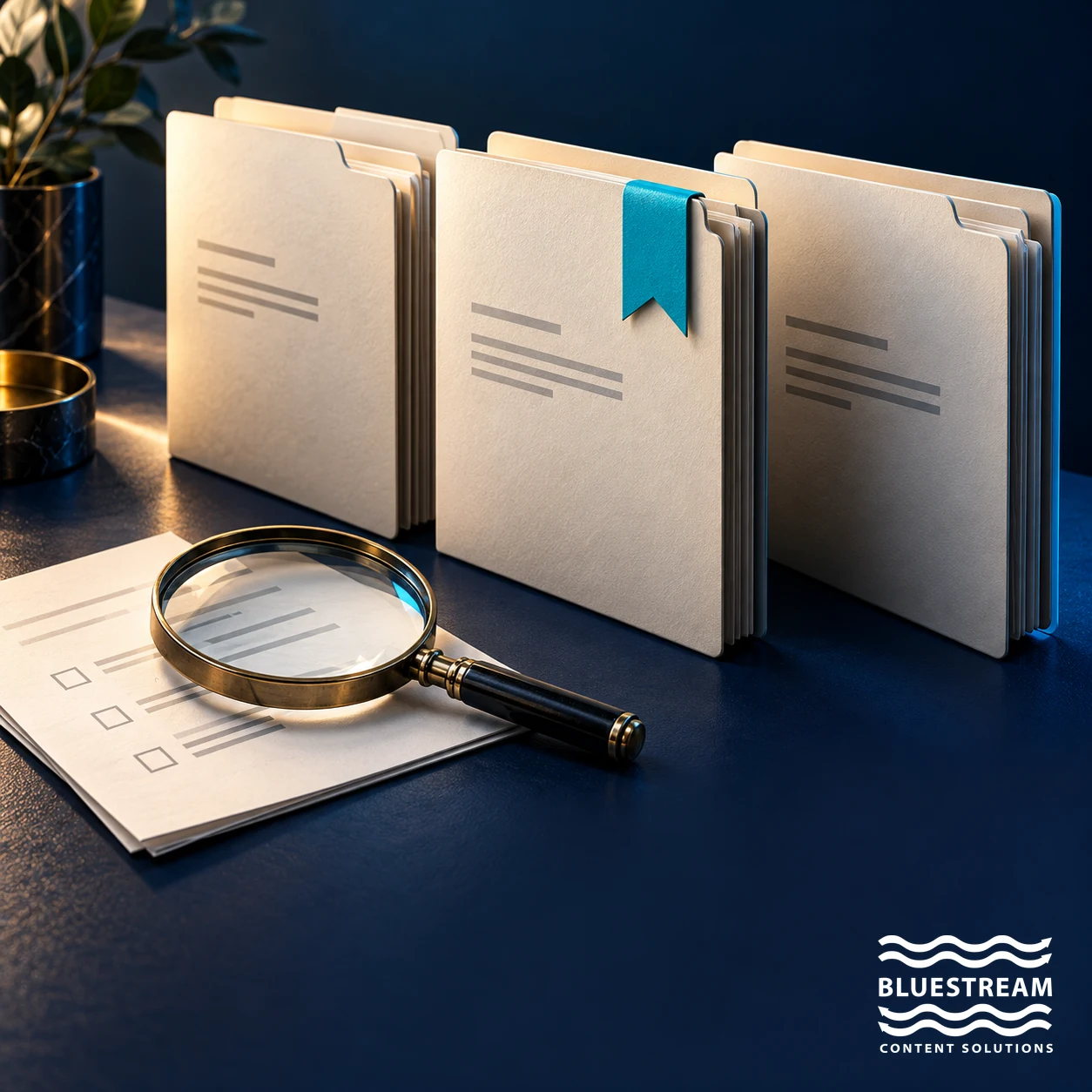 Three document folders and a magnifying glass illustrate evaluating CCMS software options.