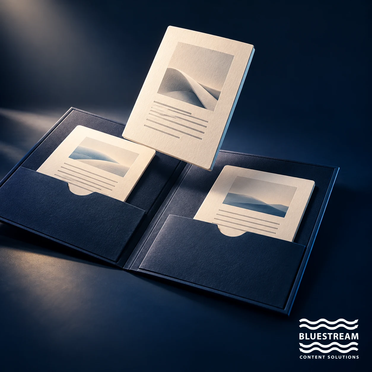 Reusable content cards assemble into a document folio, illustrating components in a CCMS.