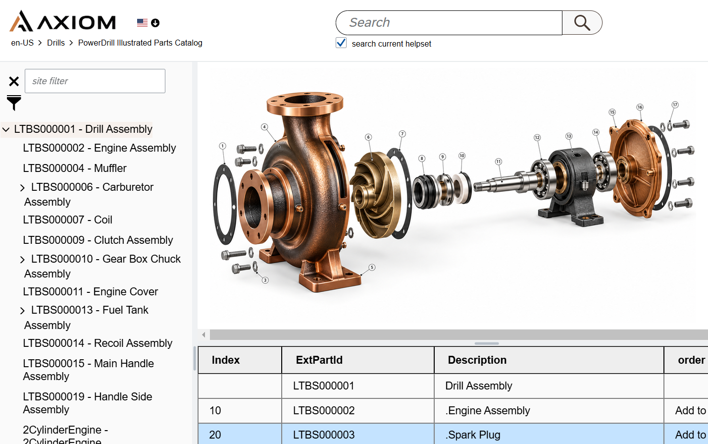 Concept mockup of an illustrated parts catalogue, pairing a centrifugal-pump illustration with sample interface labels and parts data.