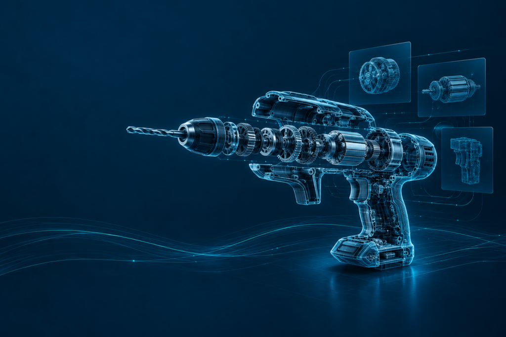 Conceptual blue wireframe exploded drill with connected component illustrations and flowing wave lines.