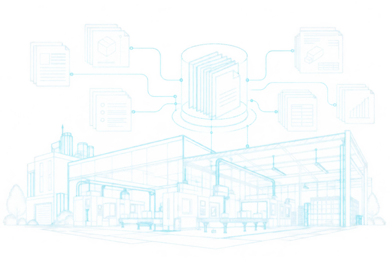 Conceptual etched illustration linking manufacturing operations, structured documentation and XDocs