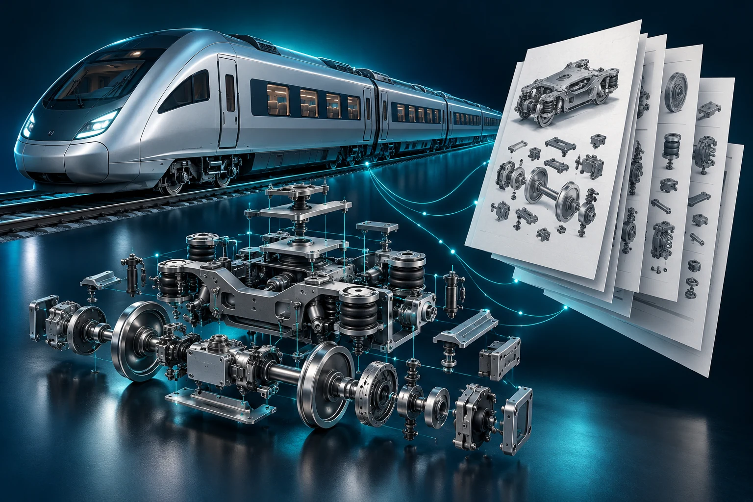 Conceptual Bombardier Transportation illustration of connected technical documentation.