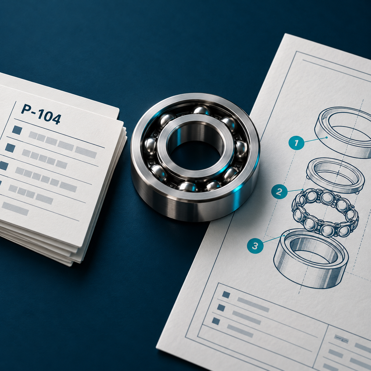 Ball bearing beside a parts record and exploded assembly drawing.