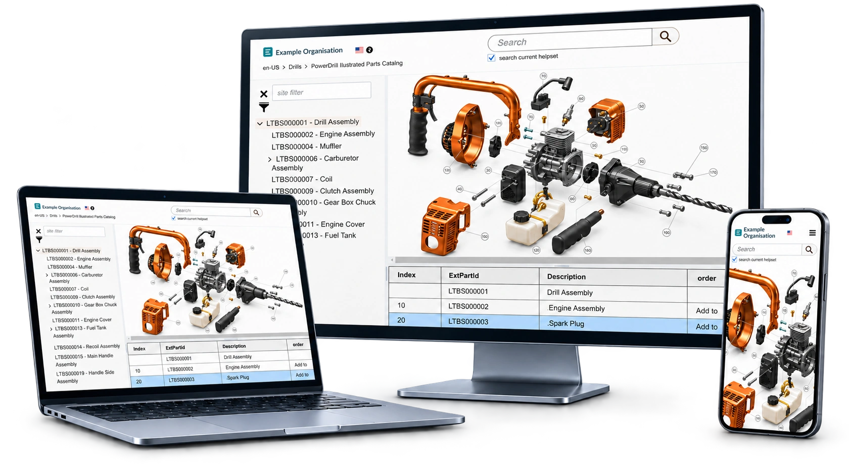 Illustrative Example Organisation parts catalogue on desktop, laptop and phone.