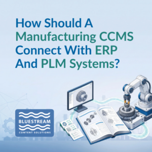 Manufacturing CCMS integration with ERP and PLM, illustrated by a robot, CAD model and connected technical documentation.