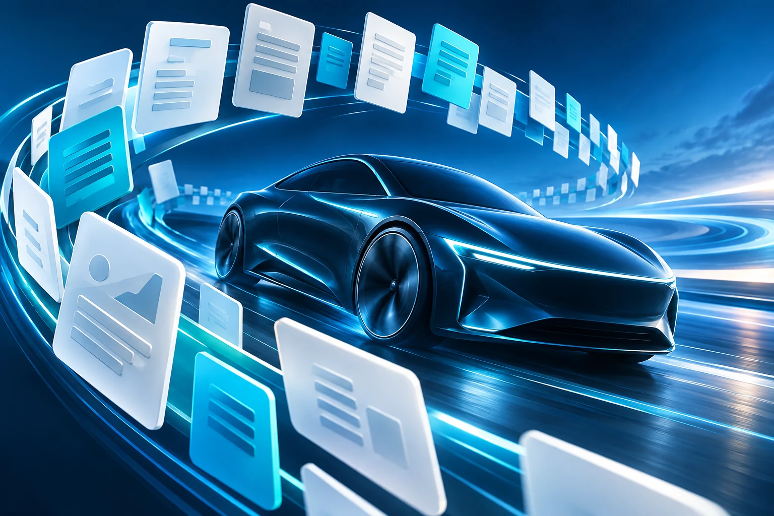 Conceptual illustration of connected automotive content surrounding a vehicle