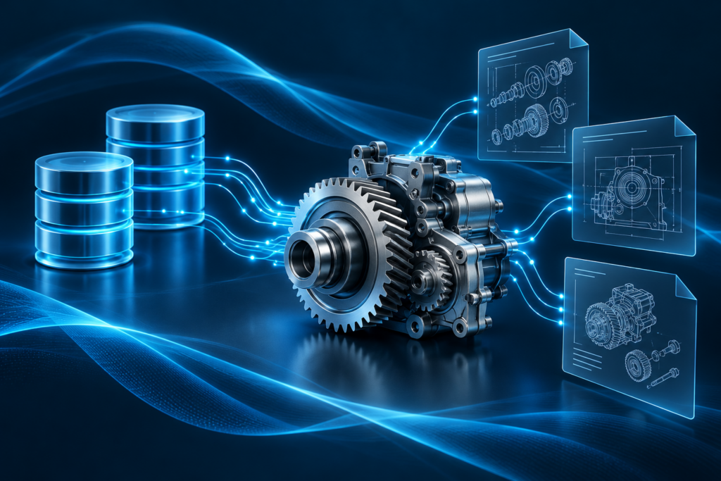 Blue wave illustration connecting databases, an industrial gear assembly and technical documentation.
