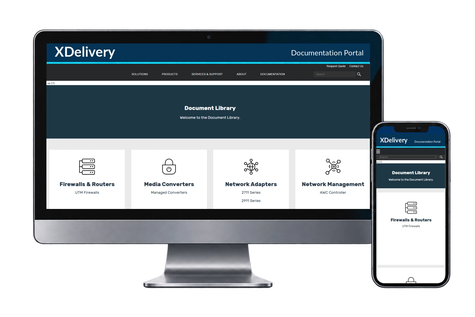 Actual XDelivery desktop and mobile interfaces shown in illustrative device frames.