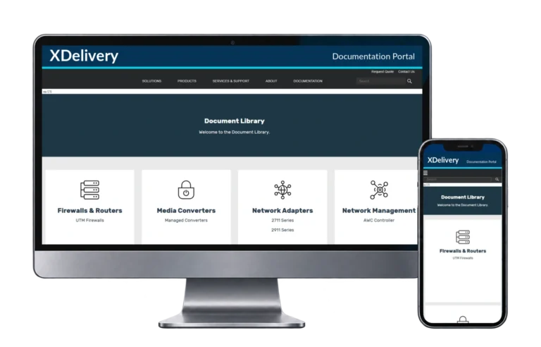 XDelivery Document Library interface shown on a level desktop monitor and phone
