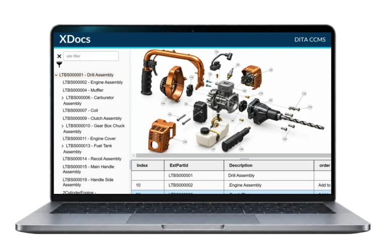 XDocs laptop showing an illustrative parts catalogue and structured documentation example